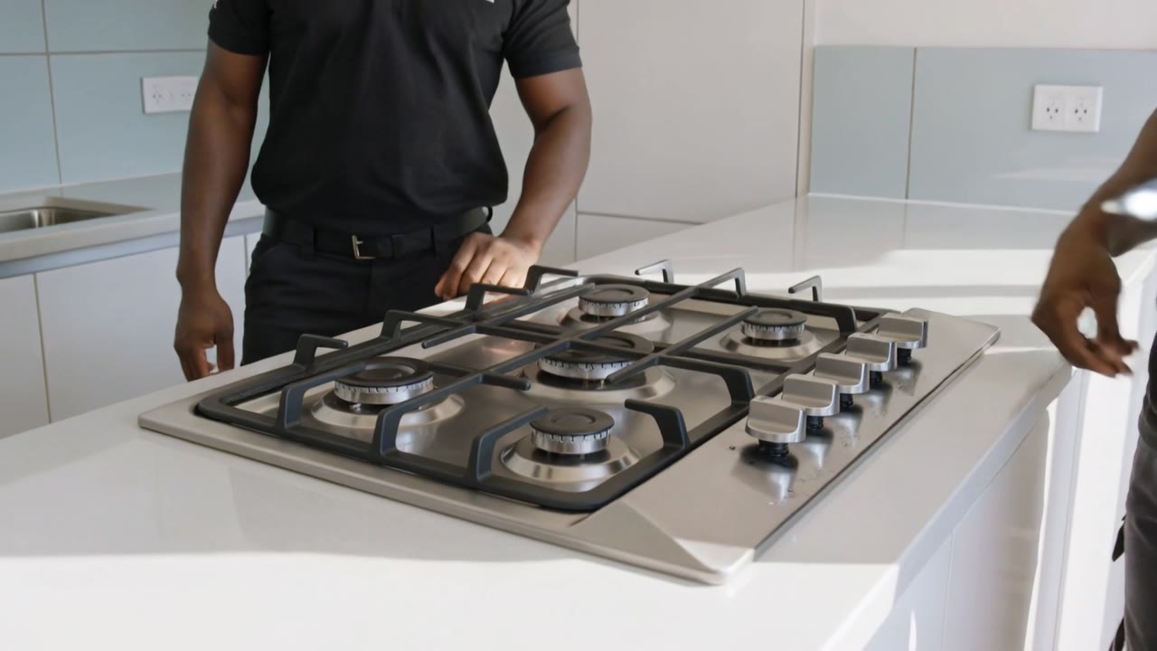 Gas Installers Eastern Cape - two registered gas installers fitting an LPG gas hob into a kitchen worktop